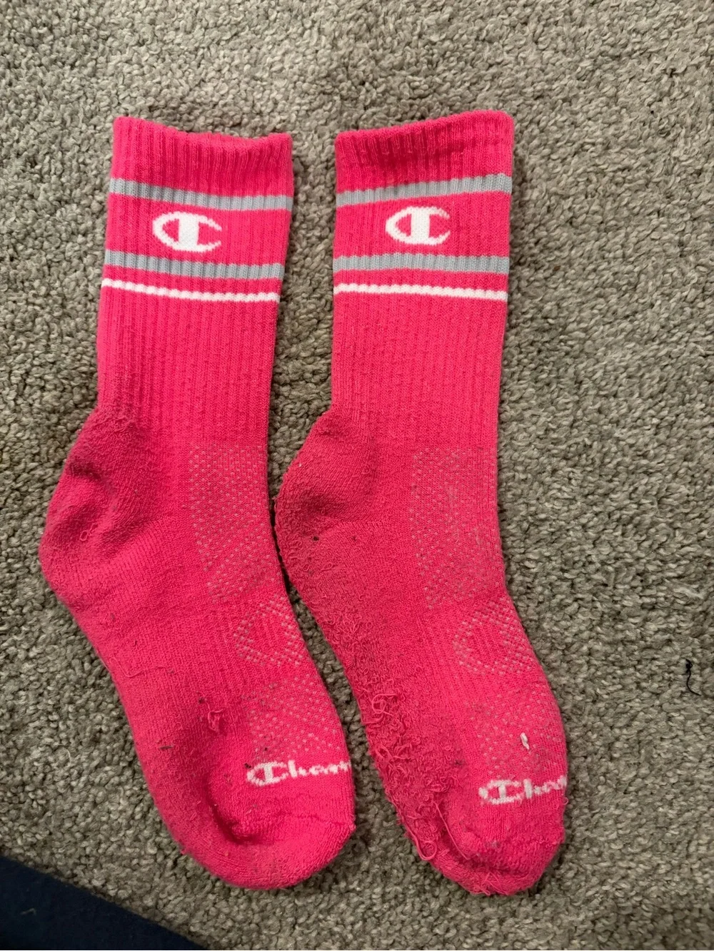 Champion Men’s Athletic Crew Socks in Hot Pink with White & Gray Stripes